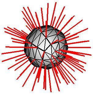 A poly sphere with normals, wireframe and solid hints, and line width set to 4 pixels