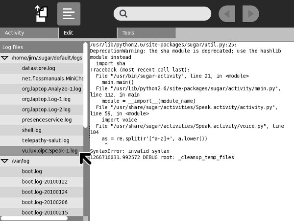 The Log Activity displaying a syntax error in Speak.